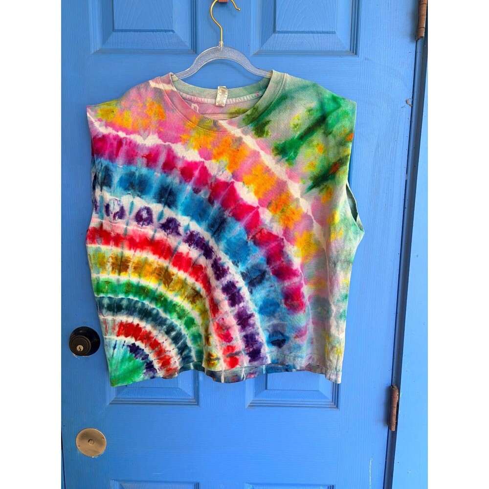 Handmade tie dye sleeveless boxy fit t-shirt XL rainbow colors one of a kind